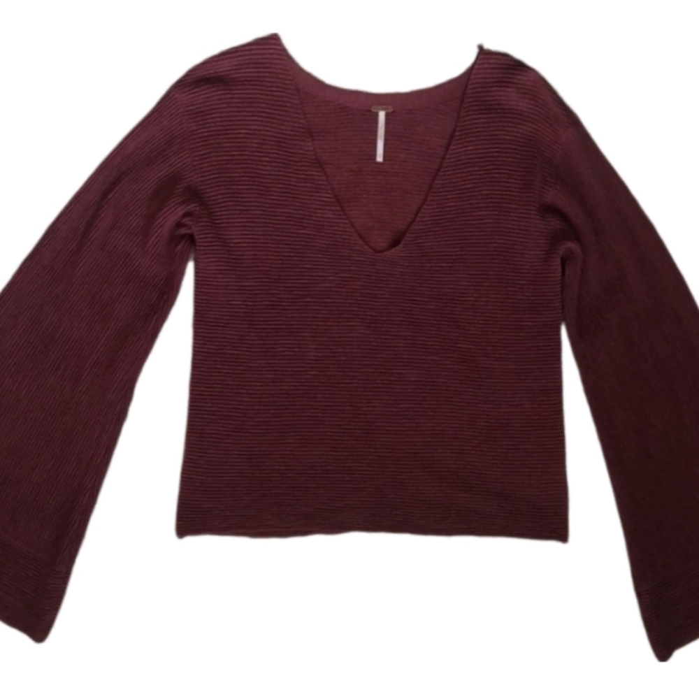 FREE People Starman Ribbed Burgundy Wool Blend Top Bell Flared Sleeves Small - Picture 5 of 10